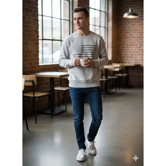 Lucky Brand Other - Lucky Brand Men's L Sweatshirt Gray Cotton American Flag Graphic Pullover